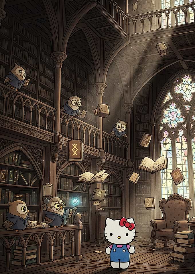 Cat Animal in Owl Wizard Library