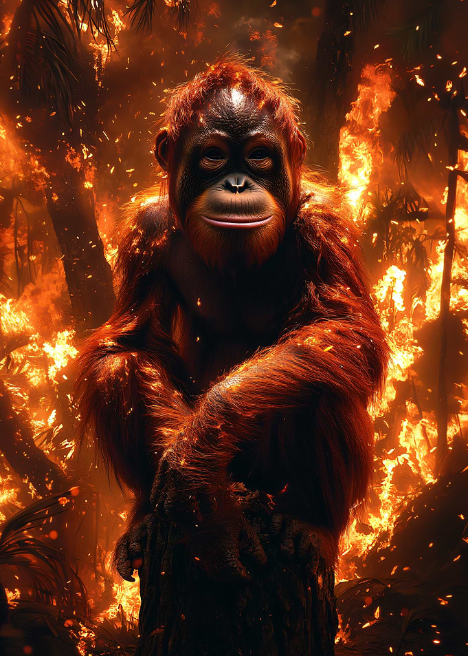 Orangutan in Burning Forest