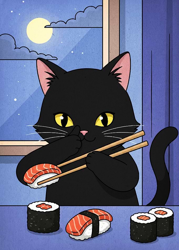 Black Cat Eating Sushi at Night