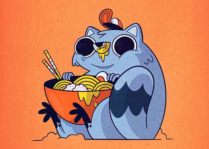 Cartoon Raccoon with Ramen Bowl