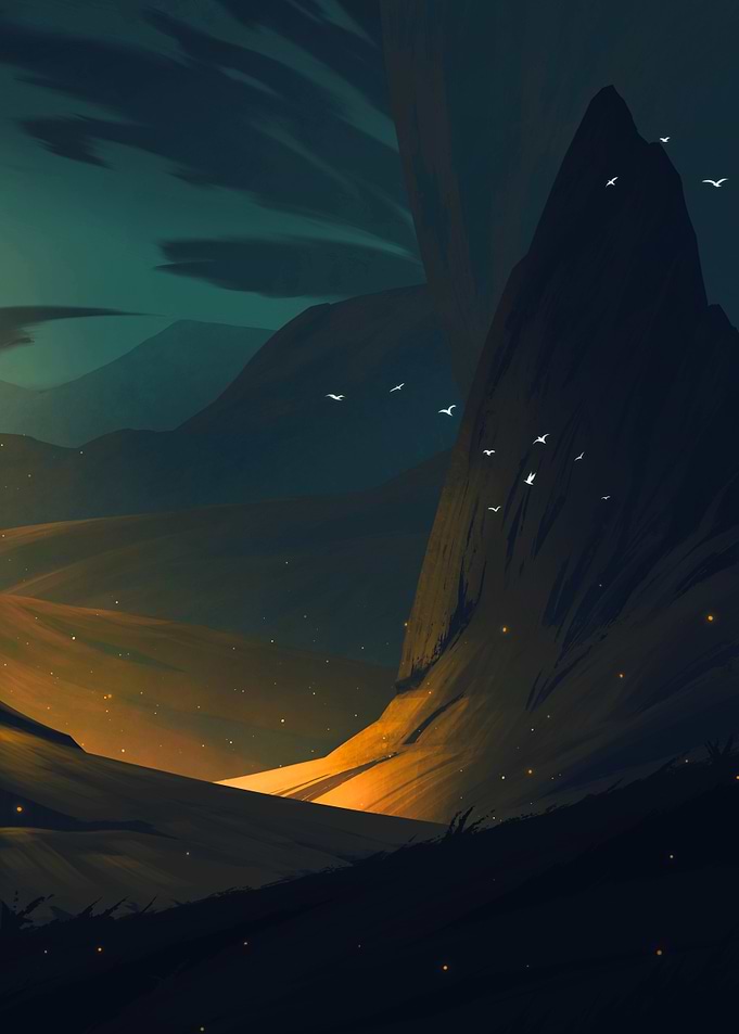 Mountain Landscape with Birds in Flight