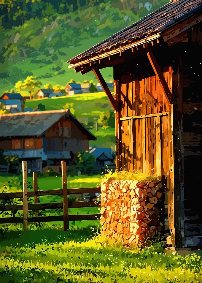 Rural Landscape with Wooden Barn and Firewood