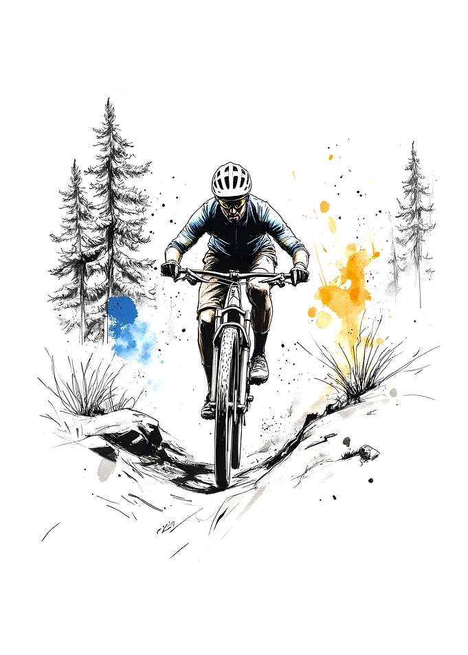 Mountain biker illustration with watercolor accents