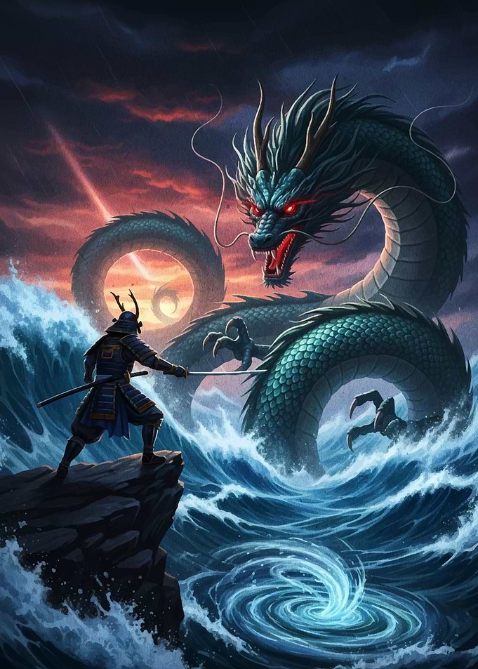 Samurai versus Dragon in Stormy Seas