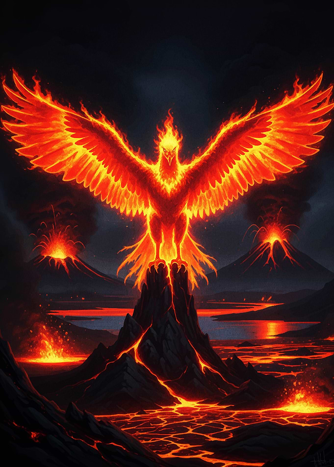 Fiery Phoenix Rising from Volcanic Landscape