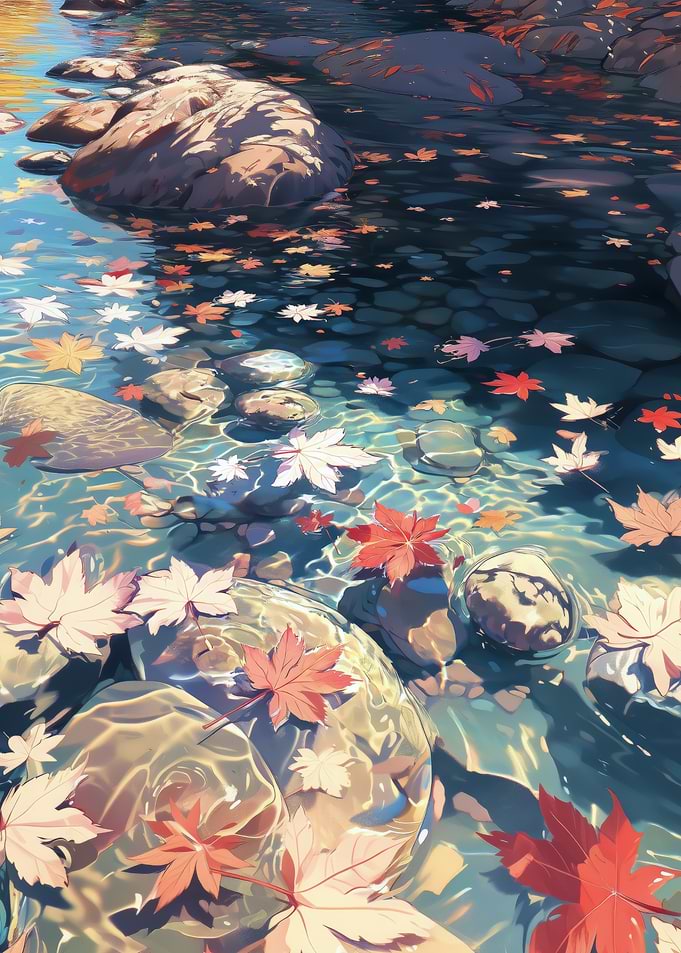 Autumn Leaves Floating on Water