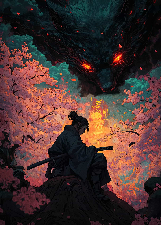 Samurai and Wolf Spirit in Cherry Blossoms
