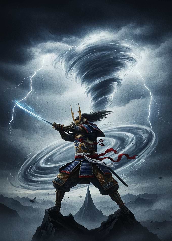 Samurai Warrior with Lightning and Tornado