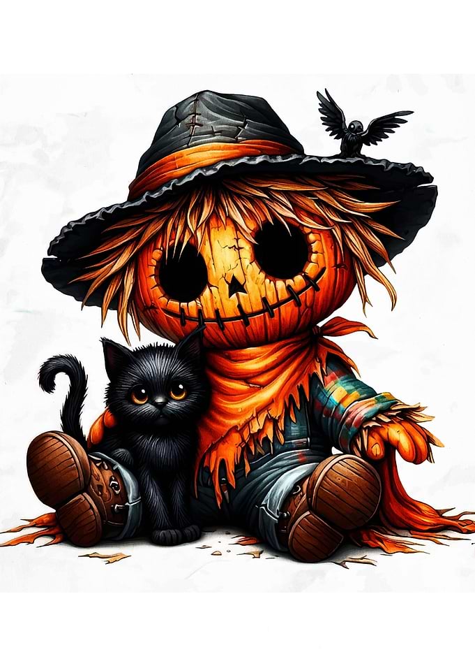 Halloween Scarecrow with Black Cat