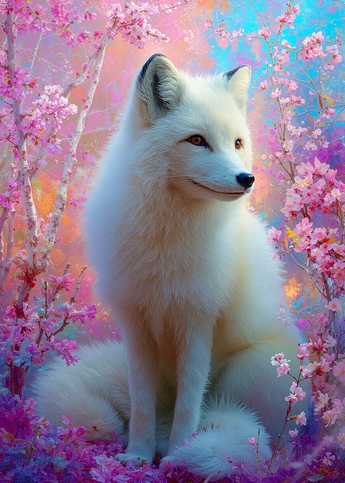 White Fox in Cherry Blossom Garden