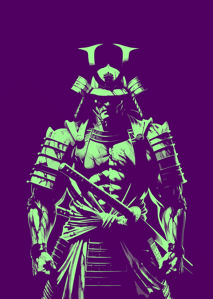 Samurai Warrior Illustration in Green and Purple