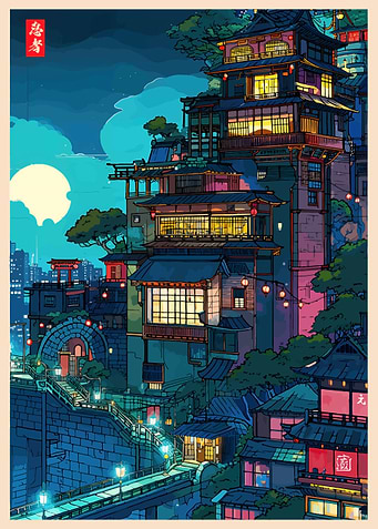 Japanese Town at Night Digital Art
