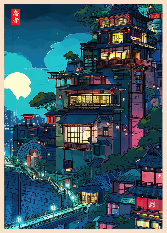 Japanese Town at Night Digital Art