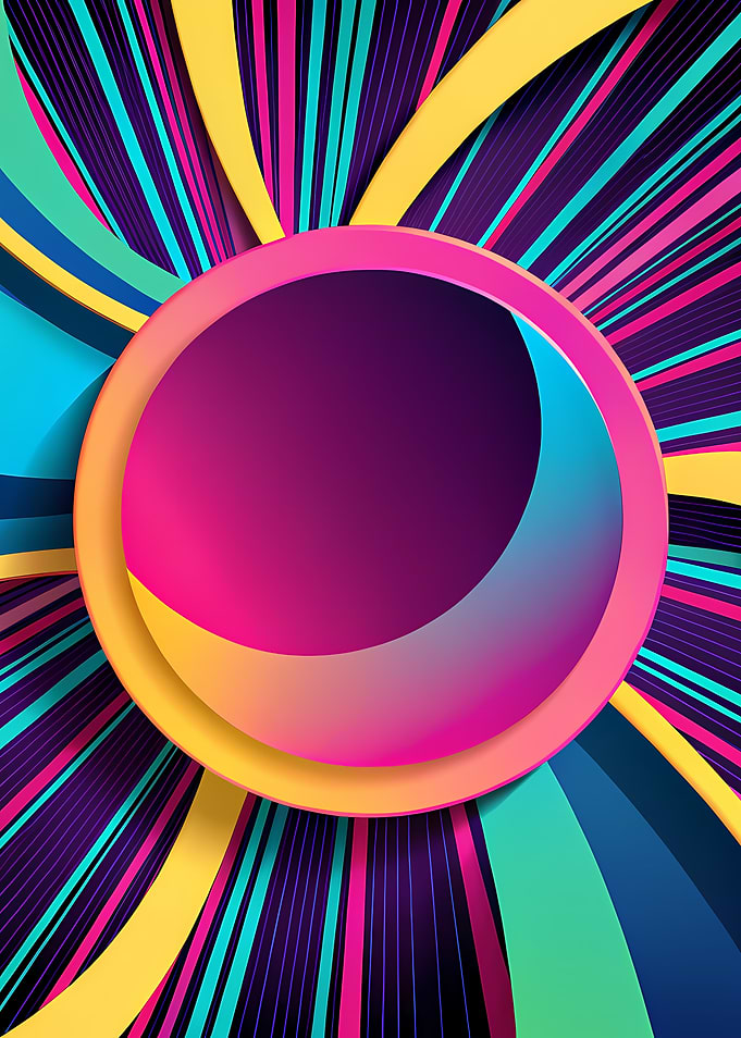 Neon Paper-Cut Circle with Gradient Orb and Radiating Color Stripes