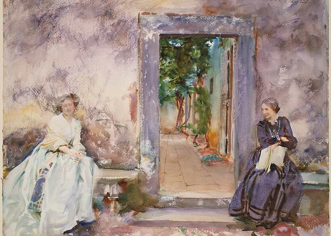 Two Women by a Doorway, Watercolor