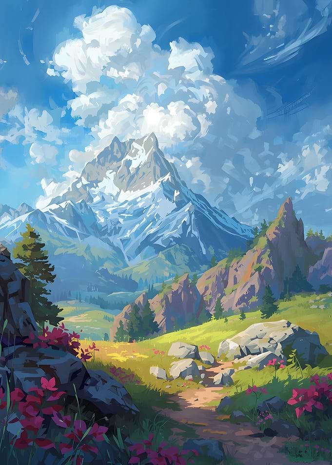 Mountain Landscape Painting with Flowers