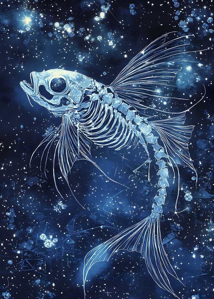 A skeleton fish swims through an ocean of stars.