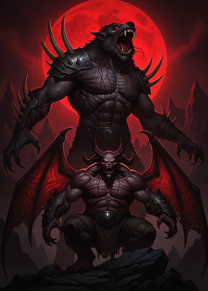 Werewolf and Demon under Red Moon