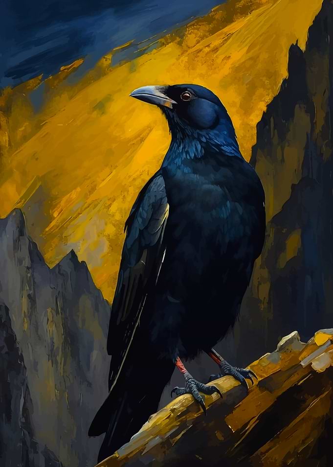 Raven Perched Against Mountain Backdrop Painting