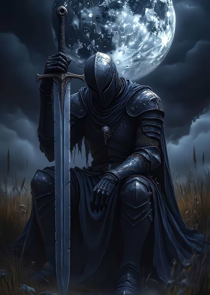 Dark Knight with Sword under Moonlight