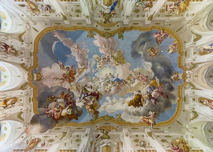 Baroque Ceiling Painting with Angels and Clouds