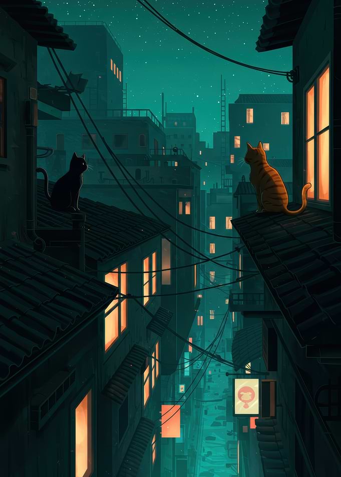 Cats on Rooftops at Night