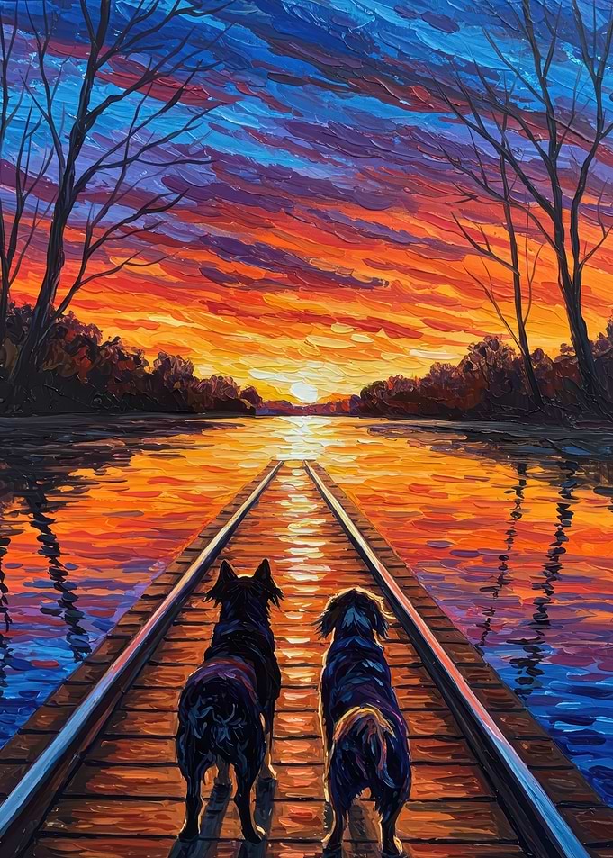 Dogs on Railroad Tracks at Sunset