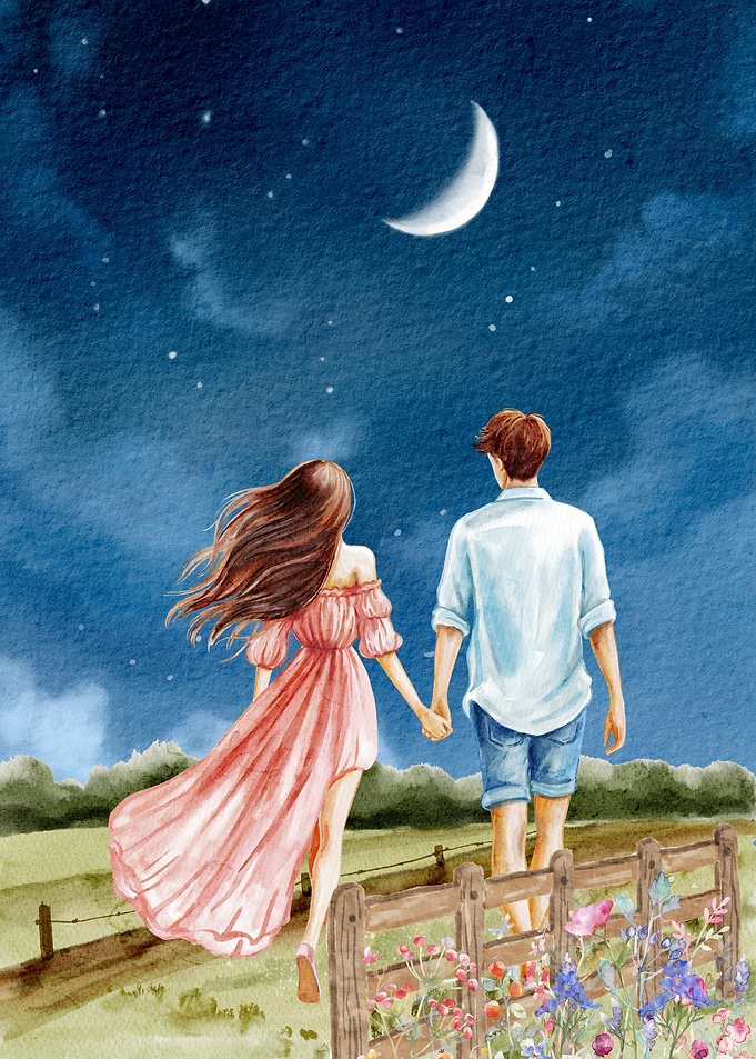 Couple walking under starry night sky