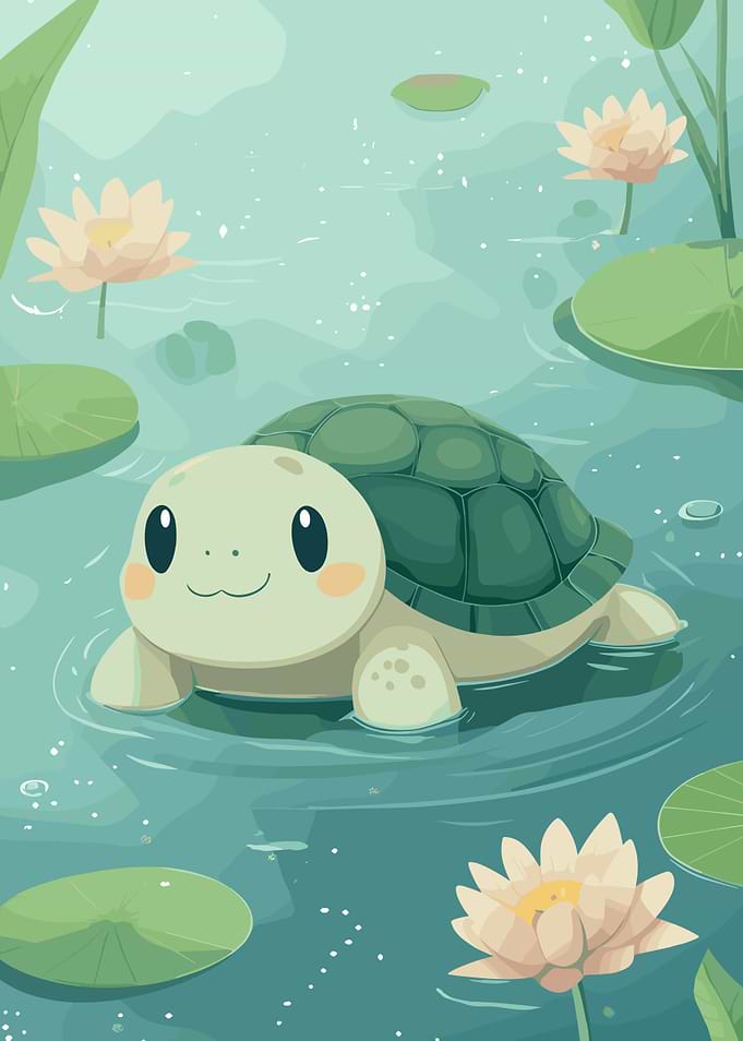 Cute Turtle in Pond Illustration