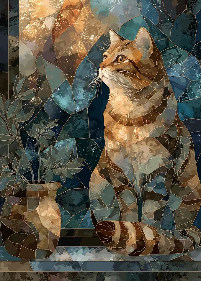 Mosaic Cat Portrait with Plant