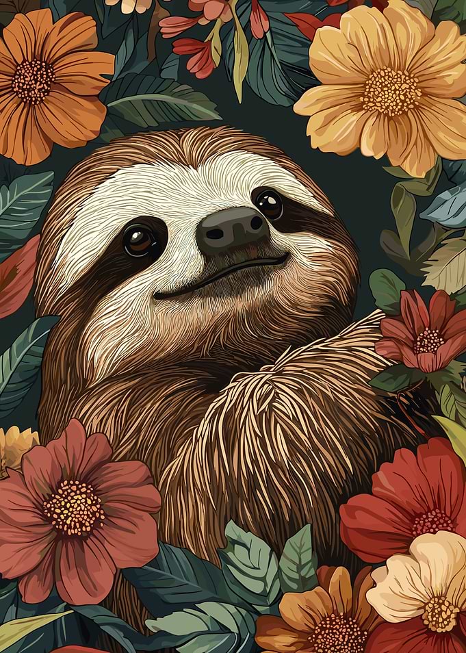 Sloth Surrounded by Flowers Illustration