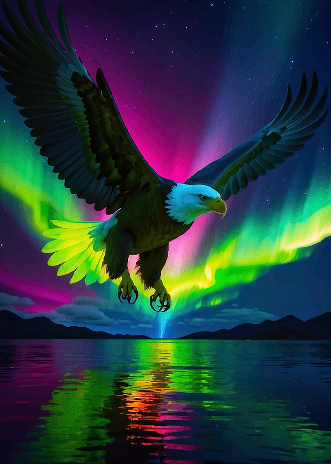 Eagle flying water aurora