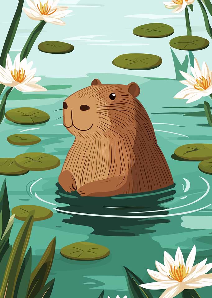 Capybara in Water Lily Pond