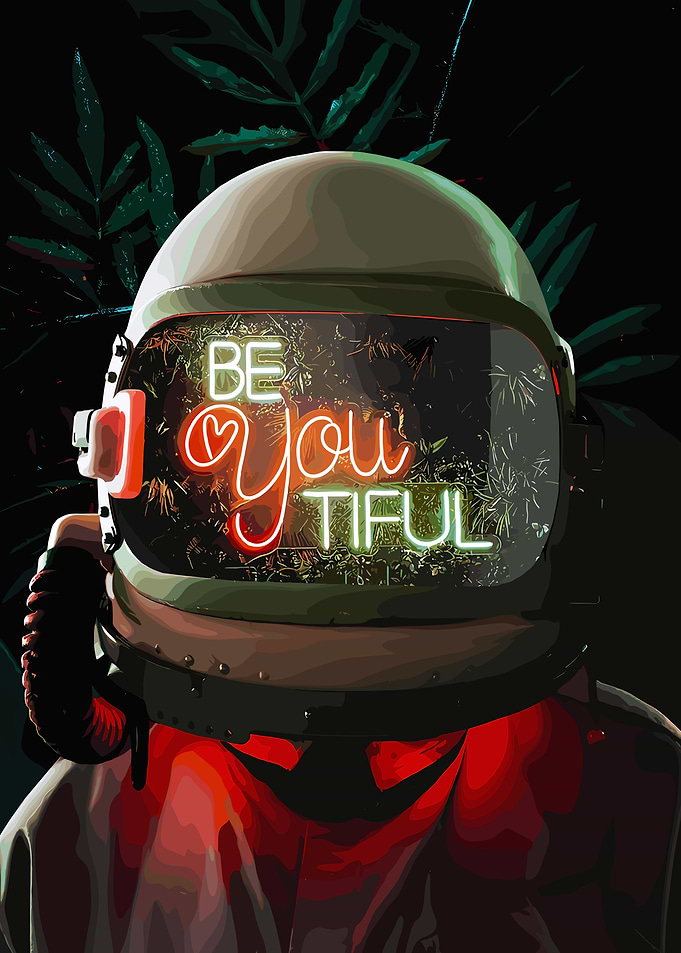 Astronaut Helmet with Neon Sign Reflection