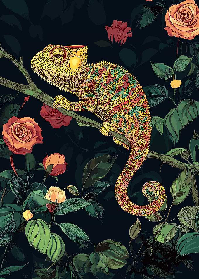 Chameleon and Roses Illustration
