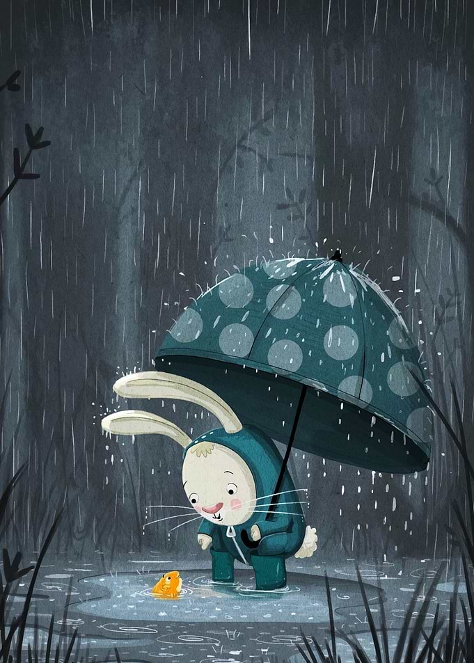 Bunny in Rain with Rubber Duck