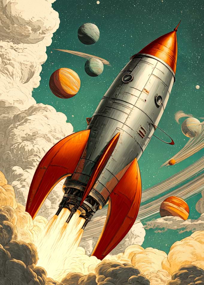 Retro Rocket Launching into Space