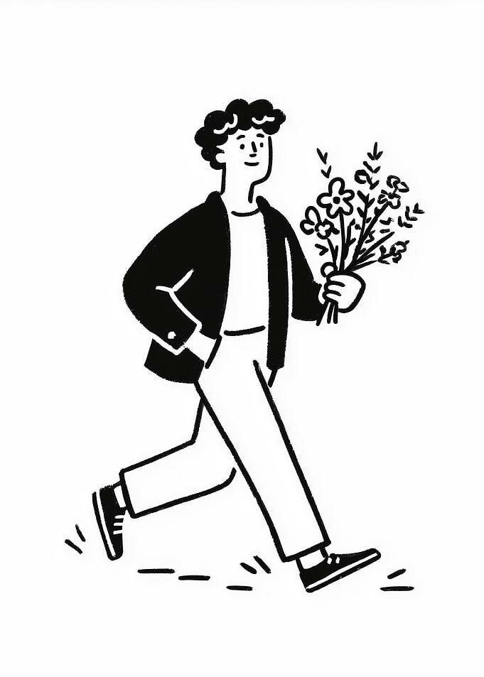 Man with Flowers, Black and White