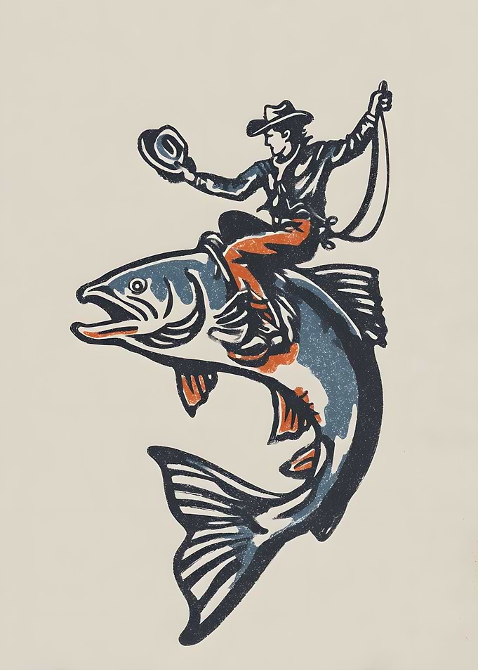 Cowboy riding a fish illustration