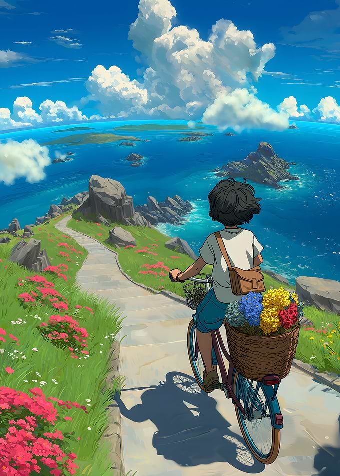 Anime girl cycling by the sea