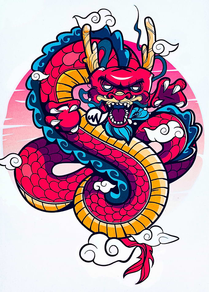 Stylized Red and Gold Dragon Illustration