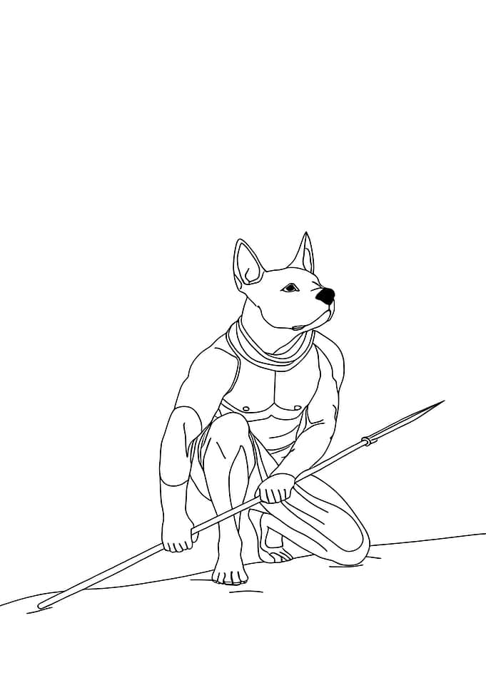 Dog Warrior with Spear Minimalist Line Art Drawing