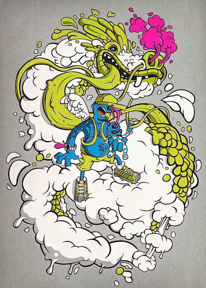 Cartoon Dragon and Blue Character Art