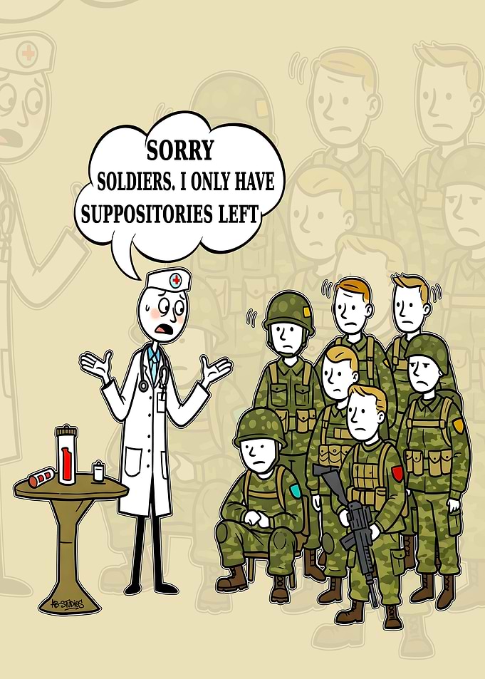 Cartoon doctor with soldiers and suppositories