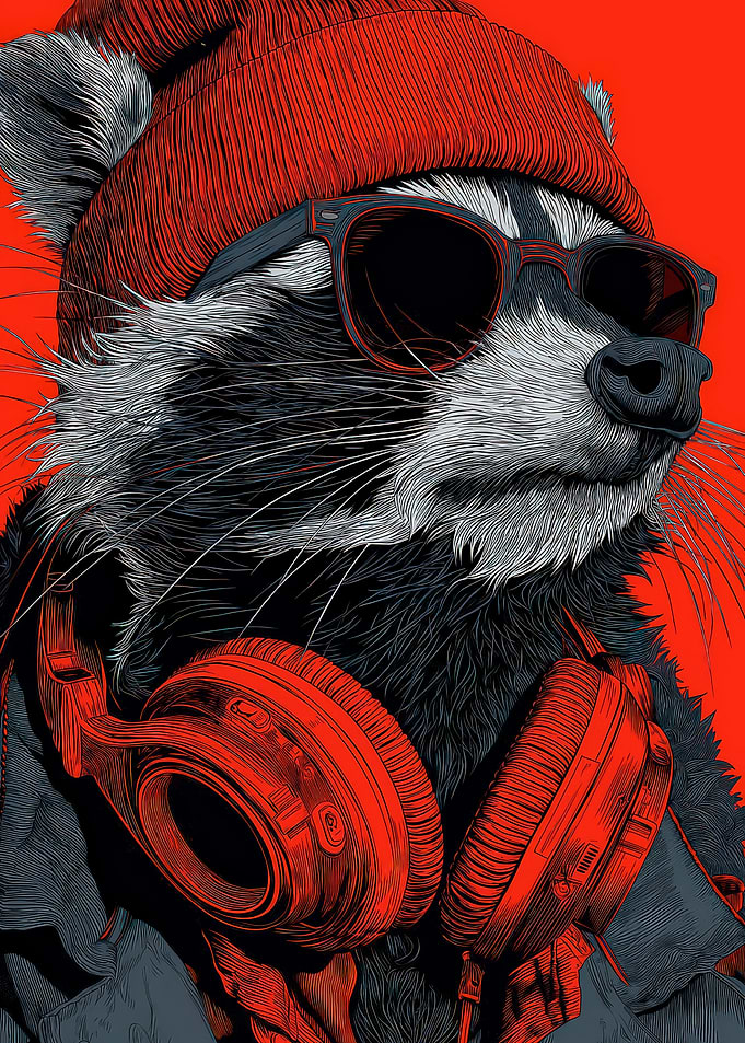 Cool Raccoon with Headphones and Beanie