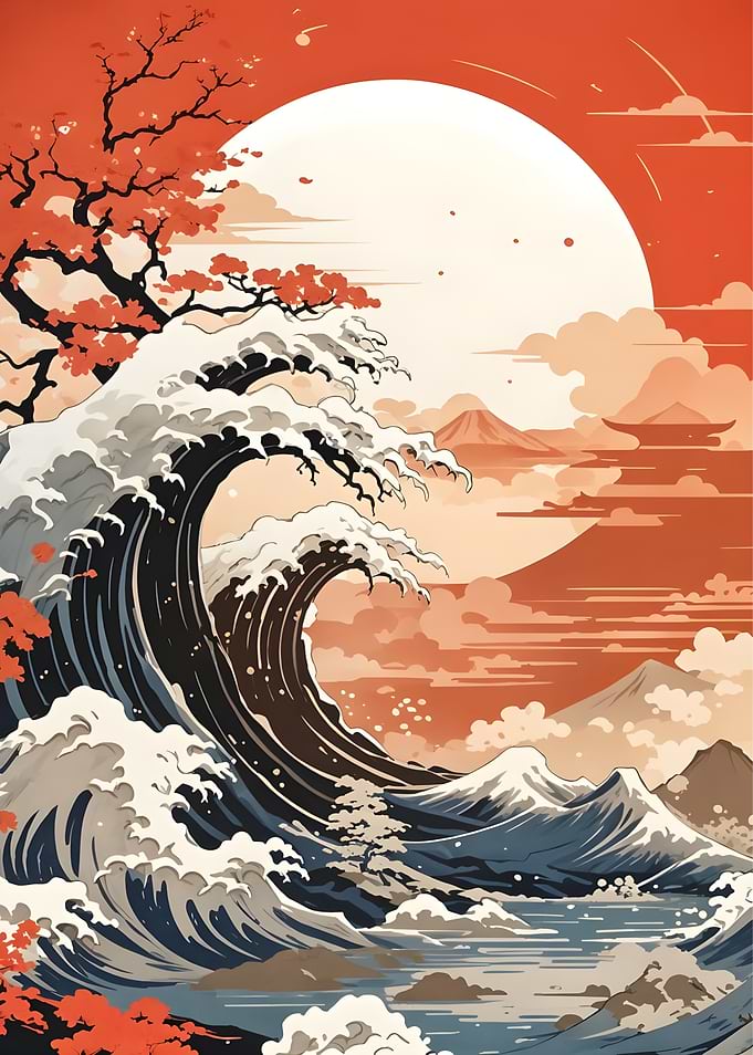 Japanese Wave Art with Mountain Backdrop
