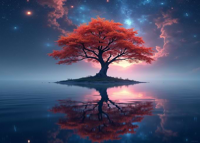 Red Tree Reflection on Water