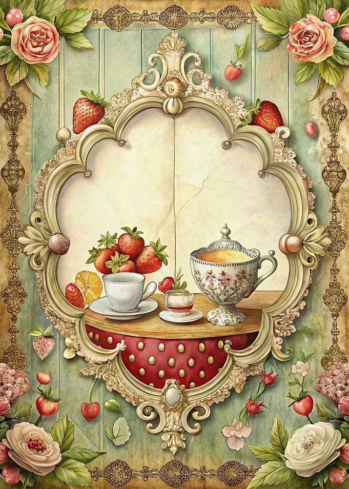 Strawberry Tea Party in Ornate Frame