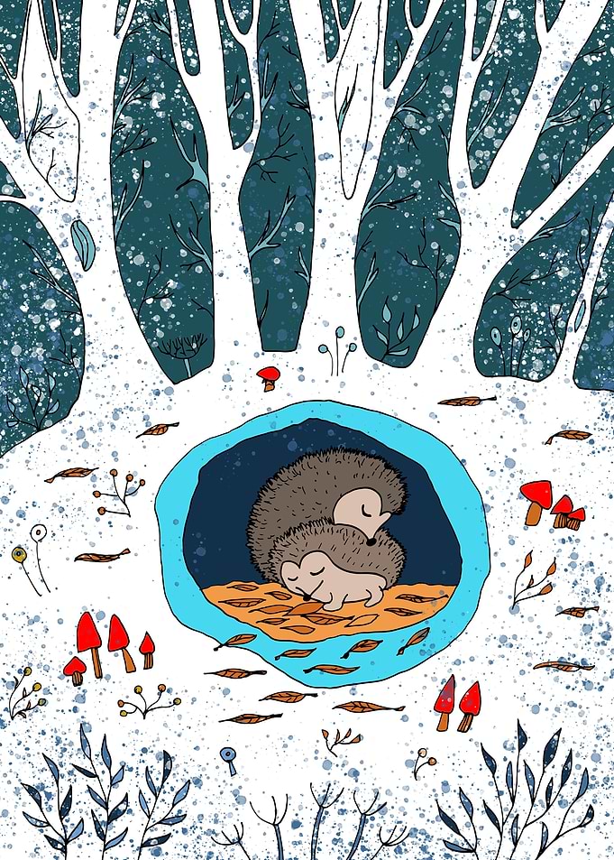 Sleeping Hedgehogs in Forest Illustration