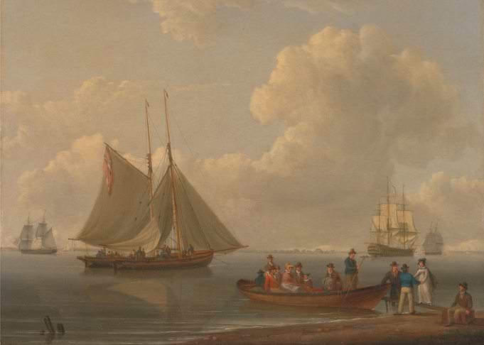 Antique Maritime Painting with Boats and Figures